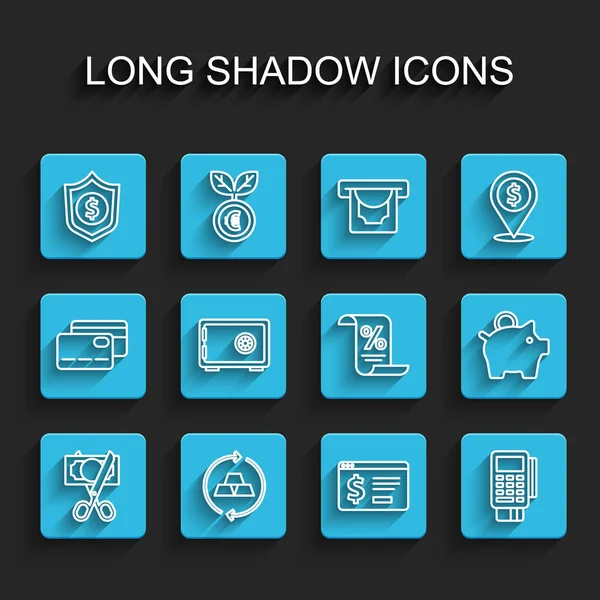 Ciseaux de ligne fixe coupant l'argent, lingots d'or, bouclier avec le dollar, banque en ligne, carte de crédit de terminal de point de vente, coffre-fort, Piggy et icône de document de finances. Vecteur — Image vectorielle