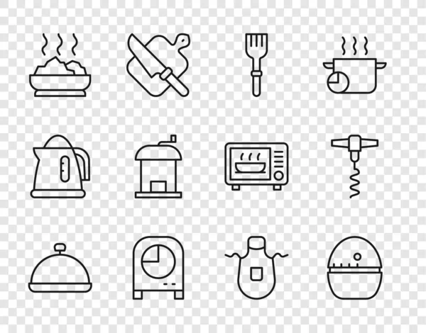 设置线覆盖的托盘食物，厨房定时器，叉子，碗热汤，手动咖啡研磨机，围裙和葡萄酒软木塞图标。B.病媒 — 图库矢量图片