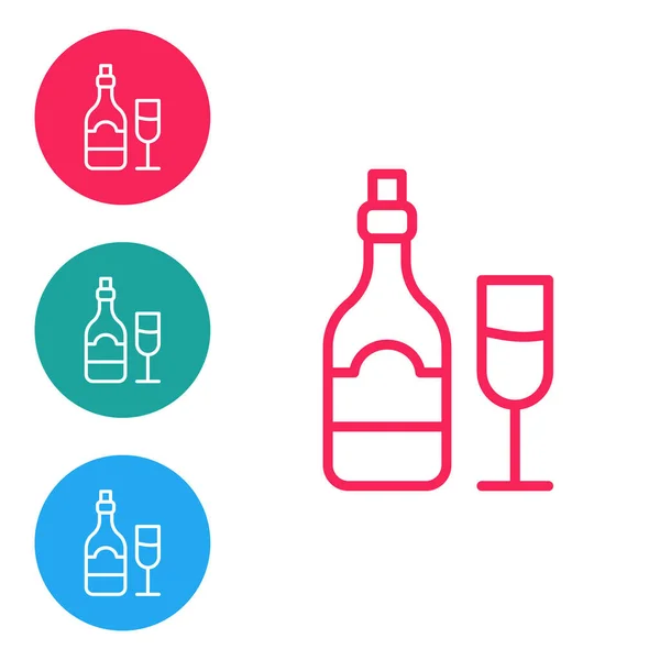 Rote Linie Champagnerflasche mit Glassymbol isoliert auf weißem Hintergrund. Setzen Sie Symbole in Kreis-Tasten. Vektor — Stockvektor