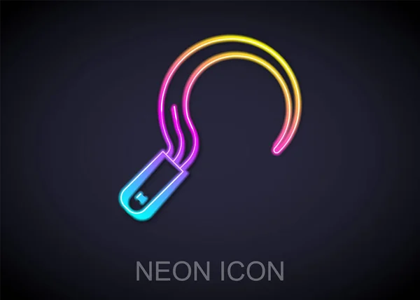 Linea neon incandescente Icona falce isolata su sfondo nero. Raccogliere il segnale del gancio. Vettore — Vettoriale Stock