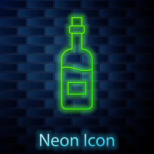 Glowing neon line Bottle of wine icon isolated on brick wall background. Vector — Stock Vector