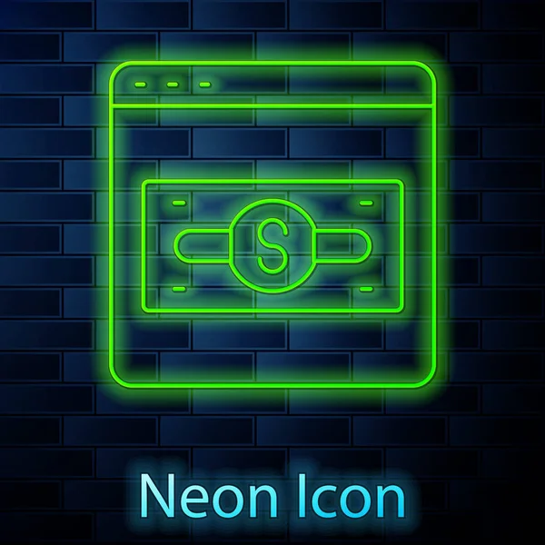 Zářící neon line Online nakupování na obrazovce ikony izolované na pozadí cihlové zdi. Koncepce e-commerce, e-business, on-line business marketing. Vektor — Stockový vektor