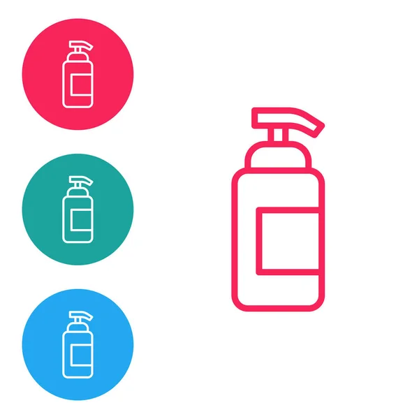 Botol garis merah sabun antibakteri cair dengan ikon dispenser diisolasi pada latar belakang putih. Antiseptik. Disinfeksi, kebersihan, perawatan kulit. Atur ikon dalam lingkaran tombol. Vektor - Stok Vektor