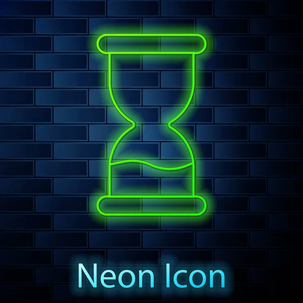 Žhnoucí neonová čára Staré přesýpací hodiny s tekoucí pískovou ikonou izolované na pozadí cihlové stěny. Pískové hodiny. Obchodní a časová koncepce. Vektor — Stockový vektor
