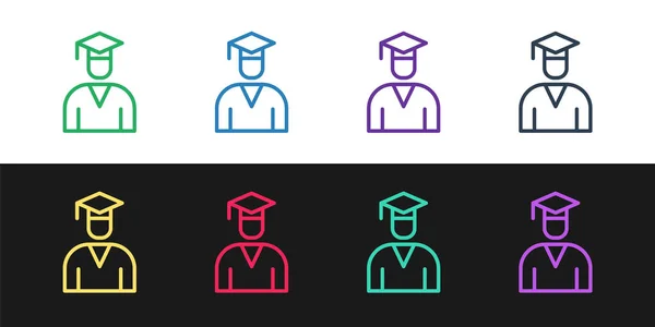 Set line Graduate en graduation cap pictogram geïsoleerd op zwart-wit achtergrond. Vector — Stockvector