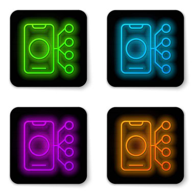 Parlayan neon hattı sinirsel ağ simgesi beyaz arkaplanda izole edildi. Yapay zeka yapay zekası. Siyah kare düğme. Vektör