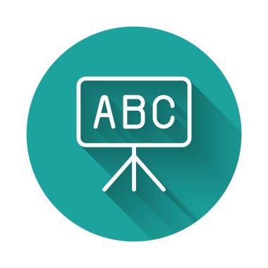 Beyaz çizgi kireçtaşı simgesi uzun gölge arkaplanı ile izole edildi. Okul karatahtası. Yeşil daire düğmesi. Vektör