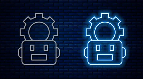 Linha de néon brilhante ícone de configuração de robô isolado no fundo da parede de tijolo. Inteligência artificial, aprendizado de máquina, computação em nuvem. Vetor — Vetor de Stock