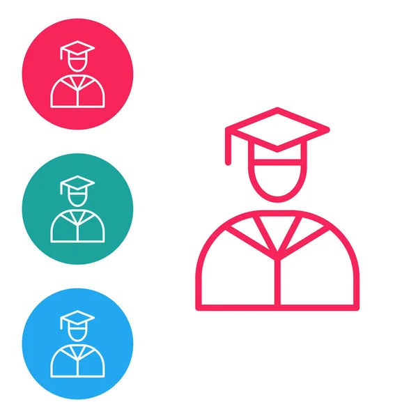 Ligne rouge Diplômé et icône de casquette de graduation isolé sur fond blanc. Définir des icônes dans les boutons cercle. Vecteur — Image vectorielle