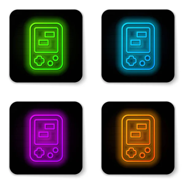 Parlayan neon hattı beyaz arkaplanda izole edilmiş taşınabilir tetris elektronik oyun ikonu. Klasik bir cep tuğlası oyunu. Etkileşimli oyun aygıtı. Siyah kare düğme. Vektör — Stok Vektör