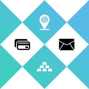 Kredi kartı, altın külçeler, nakit konum şifresi ve zarf simgesi ayarla. Vektör