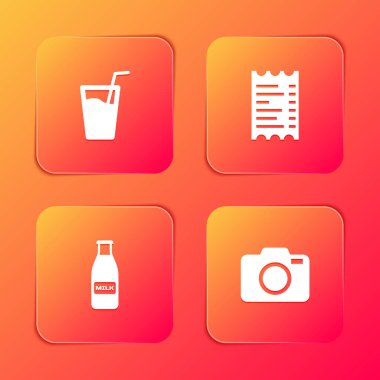 Bardakta su, kağıt ya da mali çek, şişe sütü ve kapağı ve fotoğraf makinesi ikonu olsun. Vektör