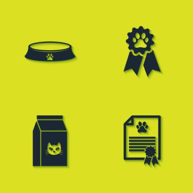 Evcil hayvan kasesi, köpek ya da kedi sertifikası, bir torba dolusu ve ödül sembolü hazırla. Vektör