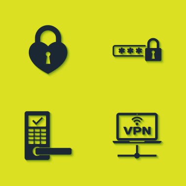 Castle 'ı kalp şeklinde ayarla, VPN Bilgisayar ağı, Kablosuz ve Parola koruma ikonu ile dijital kapı kilidi. Vektör