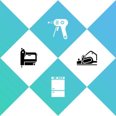 Elektrikli inşaat zımbası, buzdolabı, sıcak tutkal tabancası ve planer alet simgesini ayarla. Vektör
