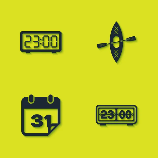 Digitale wekker, Retro flip, Kalender en Kajak en peddel pictogram. Vector — Stockvector