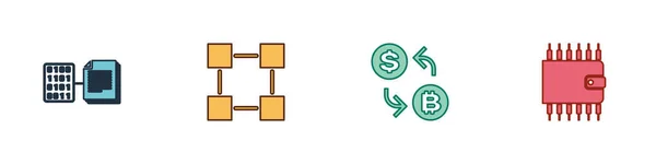 Conjunto de contrato inteligente, tecnología Blockchain, intercambio de criptomonedas y el icono de la cartera. Vector — Vector de stock