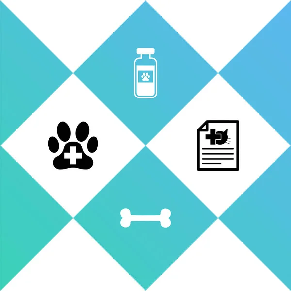 Set Clínica veterinária, osso do cão, animais de estimação frasco médico e certificado médico para cão ou gato ícone. Vetor —  Vetores de Stock