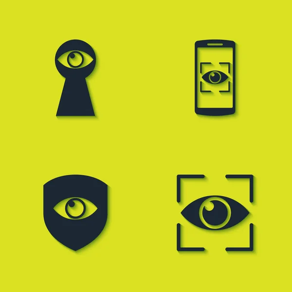 Sleutelgat instellen met oog, oogscan, schild en mobiel icoon. Vector — Stockvector