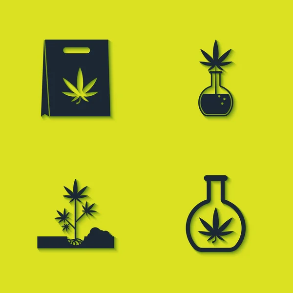 Marihuana alışveriş çantası, test tüpü, bitki dikme ve ikon. Vektör — Stok Vektör