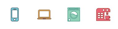 Akıllı telefon, dizüstü bilgisayar, çamaşır makinesi ve kahve makinesi simgesini ayarla. Vektör