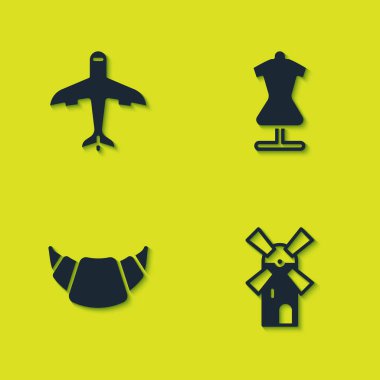 Uçak, yel değirmeni, kruvasan ve manken ikonu. Vektör