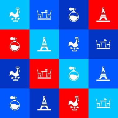 Horoz rüzgar gülü, Fransız kafesi, parfüm ve Eyfel kulesi ikonu. Vektör