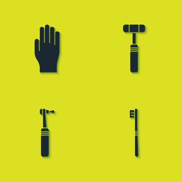 Set Medical rubber gloves, Toothbrush, drill and Neurology reflex hammer icon. Vector