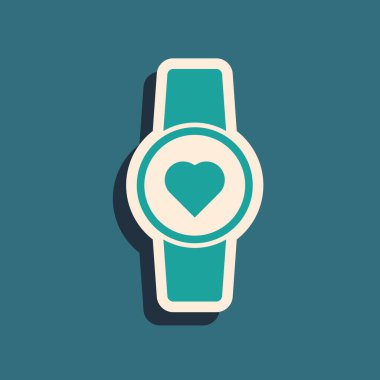 Yeşil Akıllı saat yeşil arkaplanda kalp atışı simgesini gösteriyor. Fitness uygulaması konsepti. Uzun gölge tarzı. Vektör İllüstrasyonu