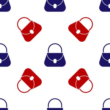 Mavi ve kırmızı el çantası simgesi beyaz arkaplanda izole edilmiş kusursuz desen. Kadın el çantası işareti. Glamour günlük bagaj sembolü. Vektör İllüstrasyonu