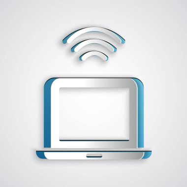 Kağıt kesiği kablosuz dizüstü bilgisayar simgesi gri arkaplanda izole edildi. İnternet kavramının kablosuz bağlantısı. Kağıt sanatı tarzı. Vektör