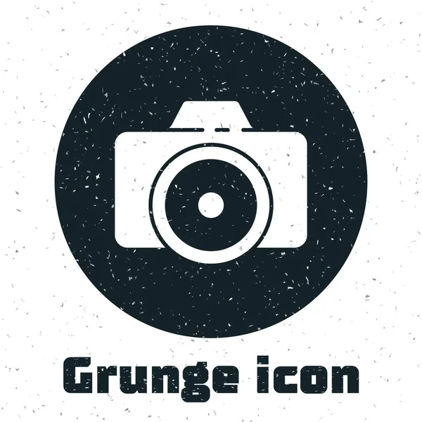 Grunge Icono de la cámara de fotos aislado sobre fondo blanco. Icono de cámara fotográfica. Dibujo vintage monocromo. Ilustración vectorial — Vector de stock