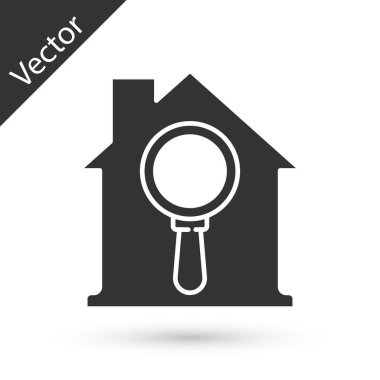 Gri Arama Evi simgesi beyaz arkaplanda izole edildi. Büyüteç altındaki bir evin emlak sembolü. Vektör