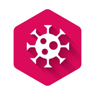 Beyaz Virüs simgesi uzun gölgeli. Corona virüsü 2019-nCoV. Bakteri ve mikroplar, hücre kanseri, mikrop, mantar. Pembe altıgen düğmesi. Vektör.