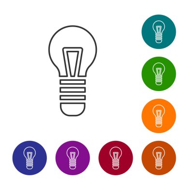 Fikir ikonu kavramına sahip siyah çizgi ampulü beyaz arkaplanda izole edildi. Enerji ve fikir sembolü. İlham konsepti. Simgeleri renk daire düğmelerine ayarla. Vektör