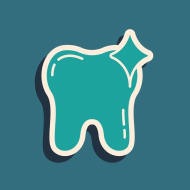 Yeşil Diş beyazlatma konsepti simgesi yeşil arkaplanda izole edildi. Diş hekimliği kliniği ya da diş hekimliği merkezi için diş sembolü. Uzun gölge tarzı. Vektör