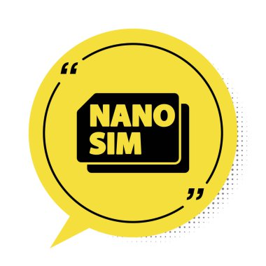 Siyah Nano Sim Kart simgesi beyaz arkaplanda izole edildi. Mobil ve kablosuz iletişim teknolojileri. Ağ çipi elektronik bağlantısı. Sarı konuşma balonu sembolü. Vektör