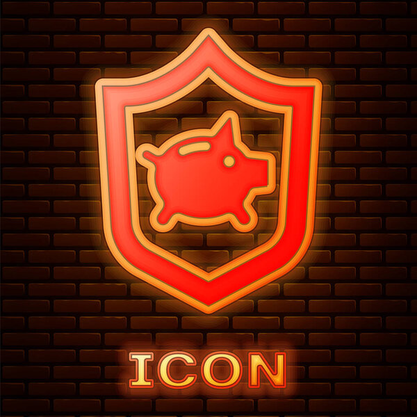 Glowing neon Piggy bank with shield icon isolated on brick wall background. Saving or accumulation of money, investment. Insurance concept. Vector.