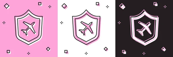 Definir plano com ícone de escudo isolado em rosa e branco, fundo preto. Avião voador. Seguro de avião. Segurança, segurança, proteção, proteger o conceito. Vetor. — Vetor de Stock