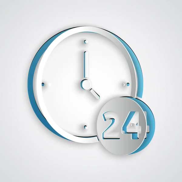 Řez papíru Hodiny 24 hodin ikona izolované na šedém pozadí. Celodenní cyklická ikona. 24 hodinový symbol služby. Papírový styl. Vektor — Stockový vektor