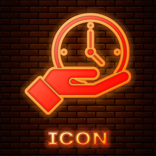 Gloeiende neon klok pictogram geïsoleerd op baksteen muur achtergrond. Tijdsymbool. Vector — Stockvector