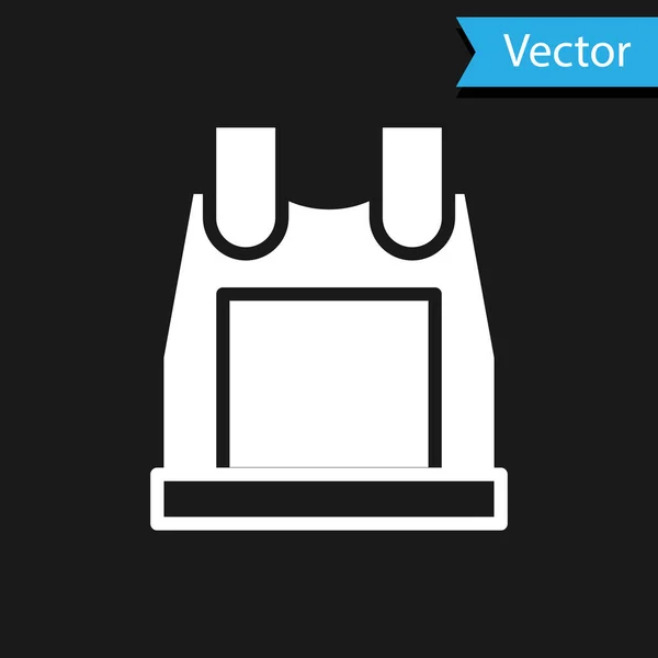 Chaleco blanco a prueba de balas para la protección contra las balas icono aislado sobre fondo negro. Signo de armadura corporal. Ropa militar. Vector — Archivo Imágenes Vectoriales