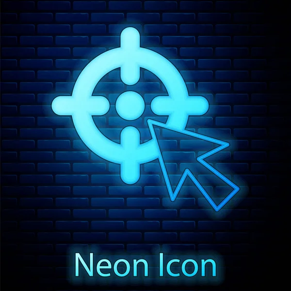 Brilhante neon Alvo ícone conceito objetivo financeiro isolado no fundo da parede de tijolo. Objetivos simbólicos realização, sucesso. Vetor — Vetor de Stock