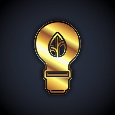 Siyah zemin üzerinde yaprak simgesi olan altın rengi ampul. Çevre enerjisi kavramı. Alternatif enerji kavramı. Vektör