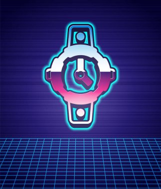 Retro stil Dalış saat simgesi izole fütüristik manzara arka planı. Su altı ekipmanları. 80 'lerin moda partisi. Vektör