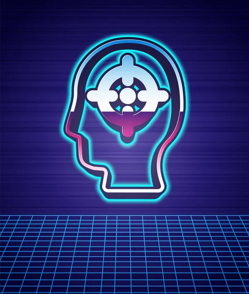 Estilo retro Icono de la caza de cabeza aislado paisaje futurista fondo. Objetivo comercial o signo de empleo. Recursos humanos y contratación para las empresas. Fiesta de moda de los 80. Vector — Vector de stock