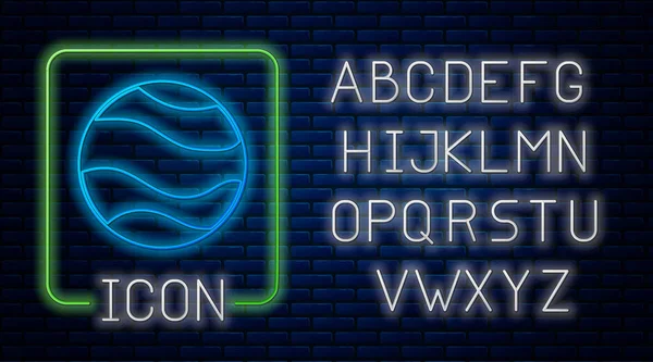 Leuchtende Neon Planet Symbol isoliert auf Backsteinwand Hintergrund. Neonlicht-Alphabet. Vektor — Stockvektor