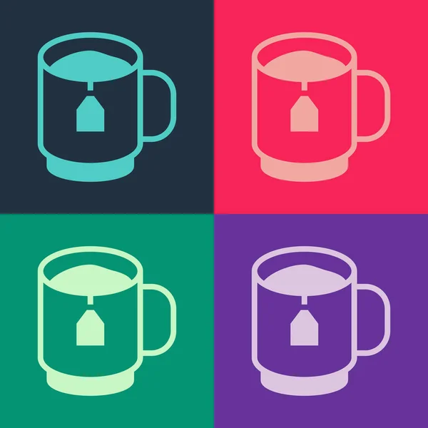 Pop art Copa de té con el icono de la bolsa de té aislado en el fondo de color. Vector — Vector de stock