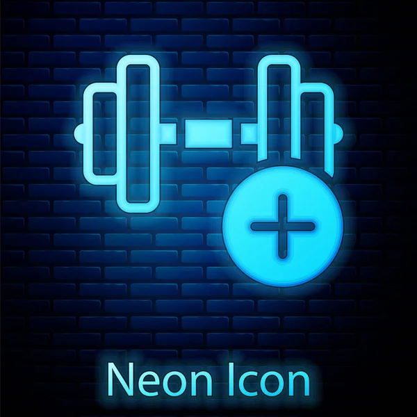 Glowing neon Dumbbell icon isolated on brick wall background. Muscle lifting, fitness barbell, sports equipment. Vector — Stock Vector