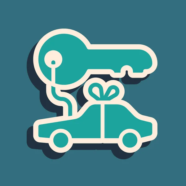 Green Car Geschenk-Symbol isoliert auf grünem Hintergrund. Schlüsselgewinn Auto. Langer Schatten. Vektor — Stockvektor